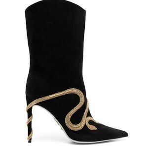 René Caovilla crystal snake-embellished boots 39 Black Gold New In Box